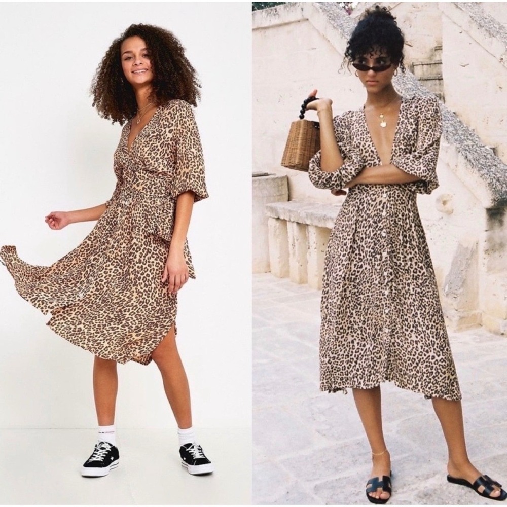 Faithfull The Brand Chloe Midi Dress Leopard Print Size‎ XS US 2